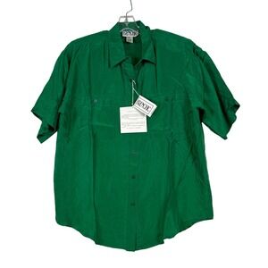 NWT Vintage Womens Dark Green Washable Silk Short Sleeve Button Up Shirt Retro L